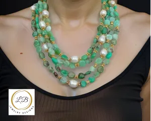Rare Four-Strand Chrysoprase & Pearl Gemstone Statement Necklace