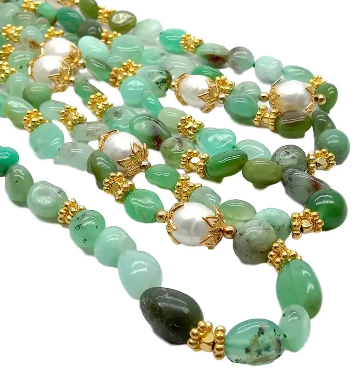 Rare Four-Strand Chrysoprase & Pearl Gemstone Statement Necklace