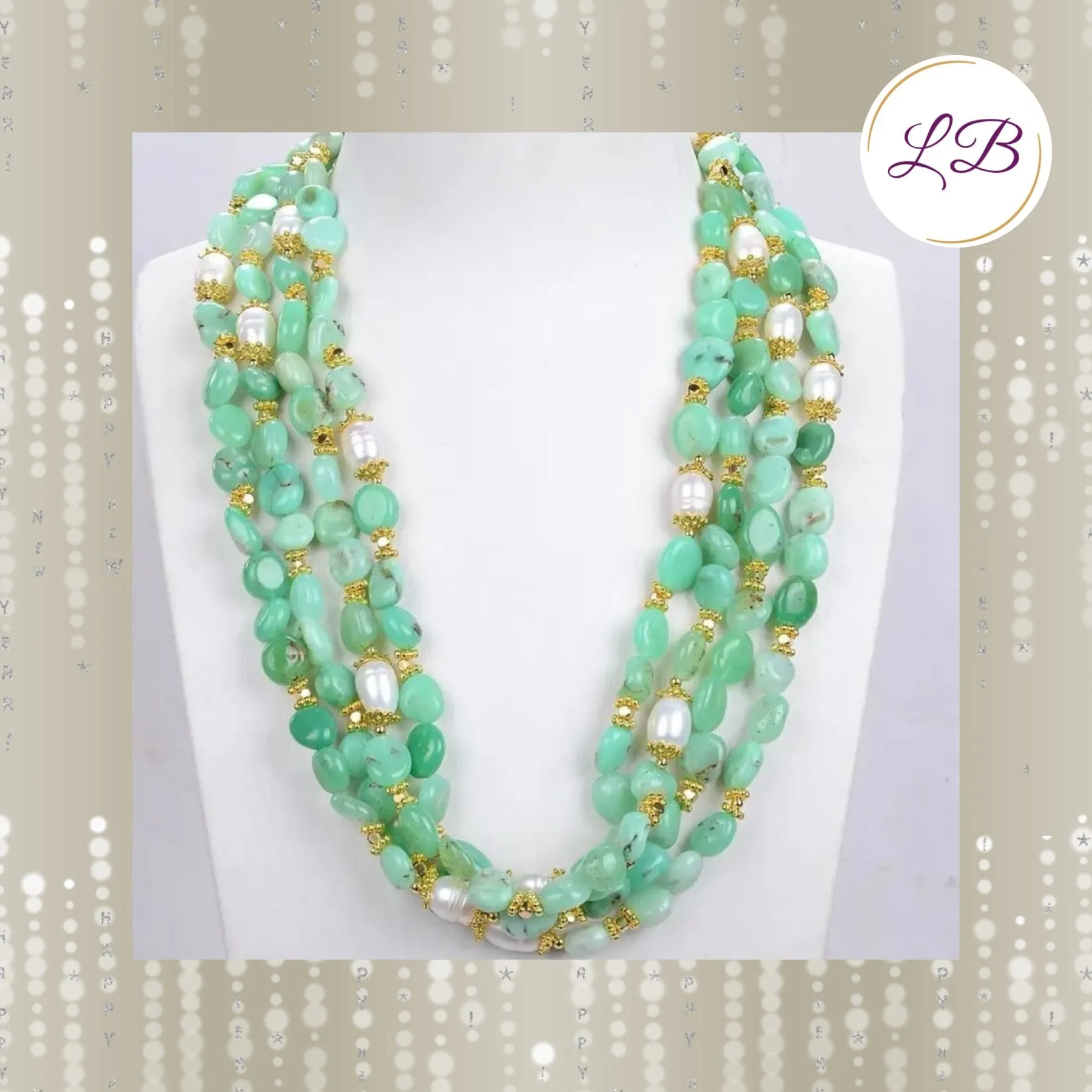 Rare Four-Strand Chrysoprase & Pearl Gemstone Statement Necklace