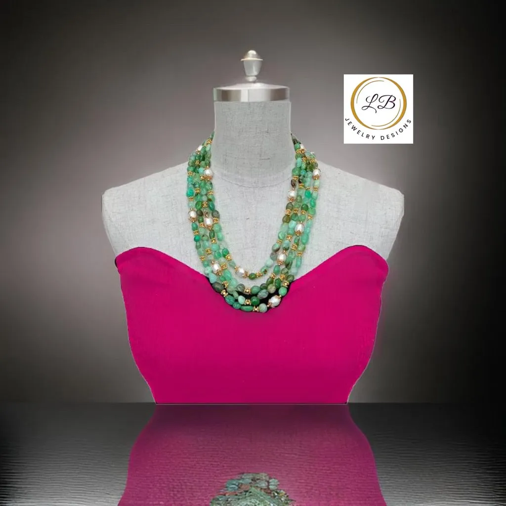 Rare Four-Strand Chrysoprase & Pearl Gemstone Statement Necklace