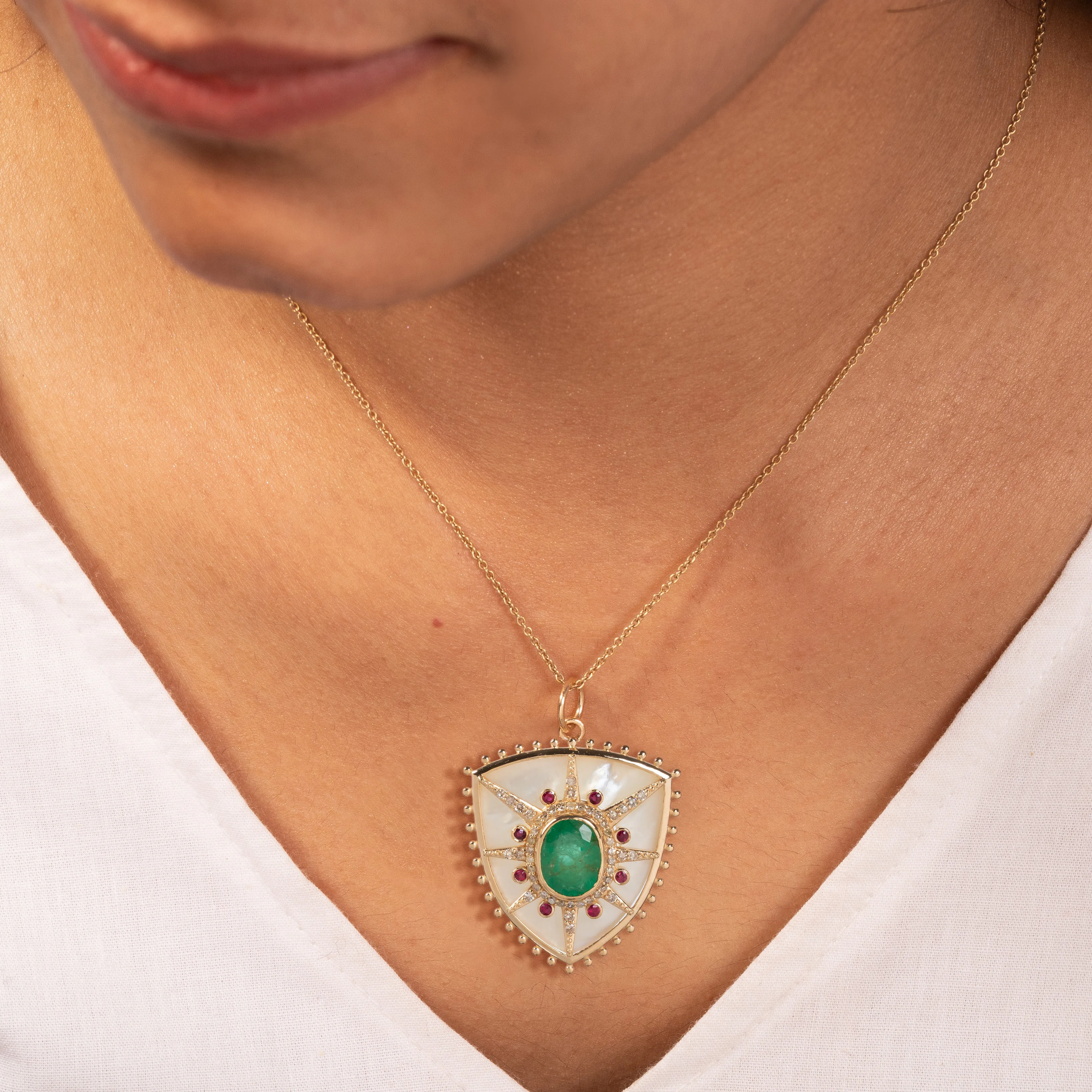 Rare Trillion Mother Of Pearl & Oval Emerald Pendant