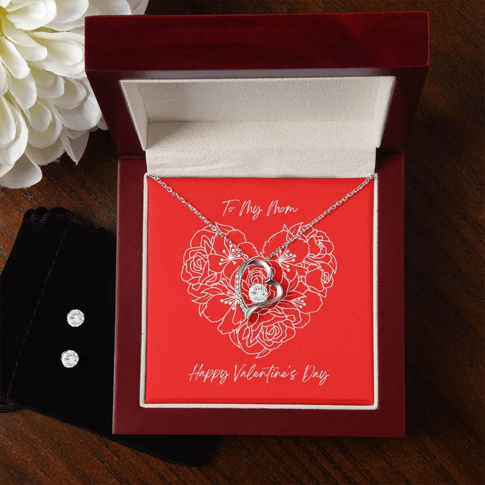 Red Mom Valentine's Forever Heart Necklace & Cubic Zirconia Earring Set