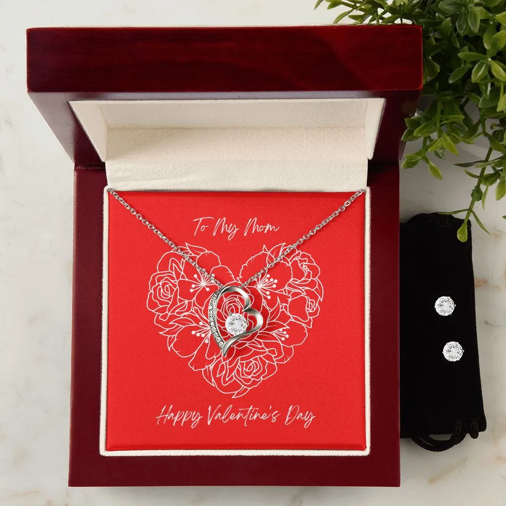 Red Mom Valentine's Forever Heart Necklace & Cubic Zirconia Earring Set