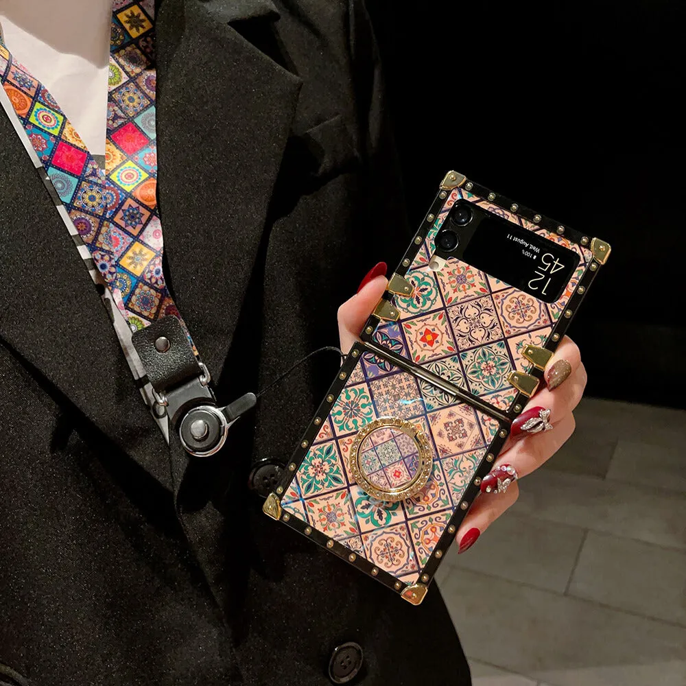Retro Boho Style Ring Bohemian Case With Lanyard for Samsung Galaxy Z Flip3 Flip4 5G