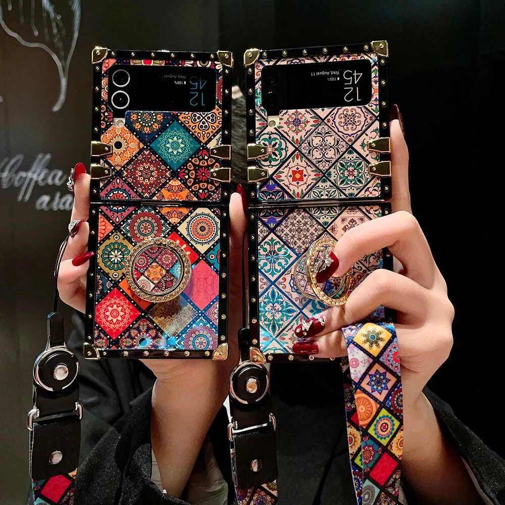 Retro Boho Style Ring Bohemian Case With Lanyard for Samsung Galaxy Z Flip3 Flip4 5G