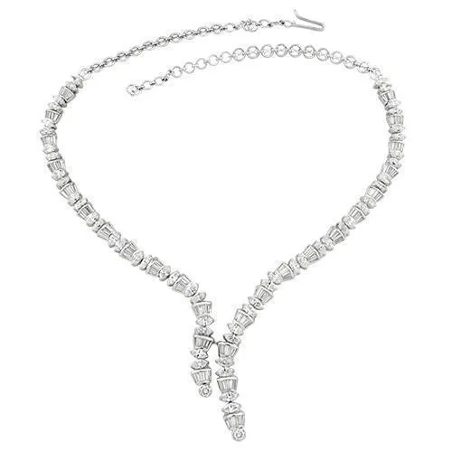 Round and Baguette Cut Diamond Necklace in 14k White Gold 15 Ctw