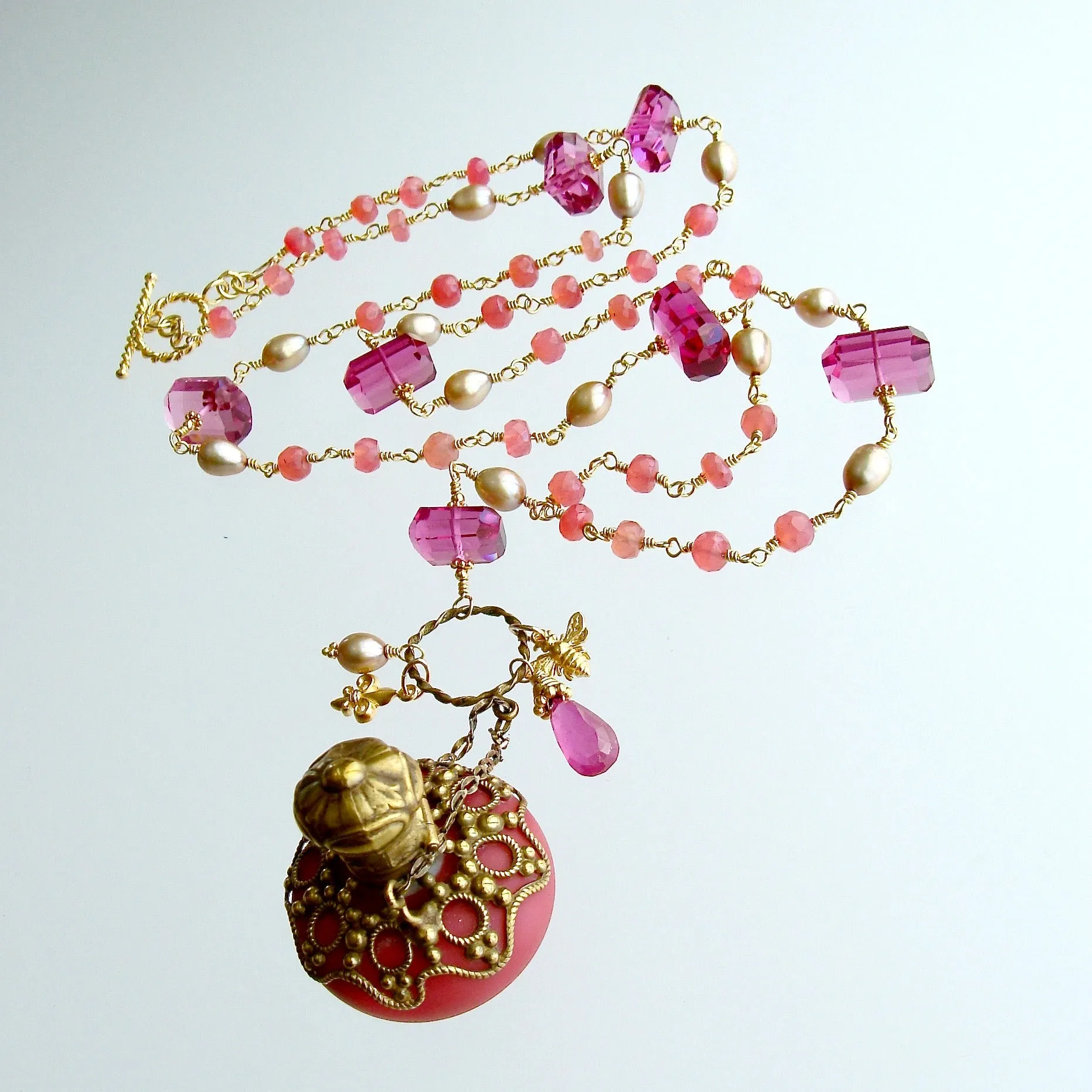 Salmon Chalcedony Pink Quartz Salmon Opaline Scent Bottle Necklace - Toinette Necklace
