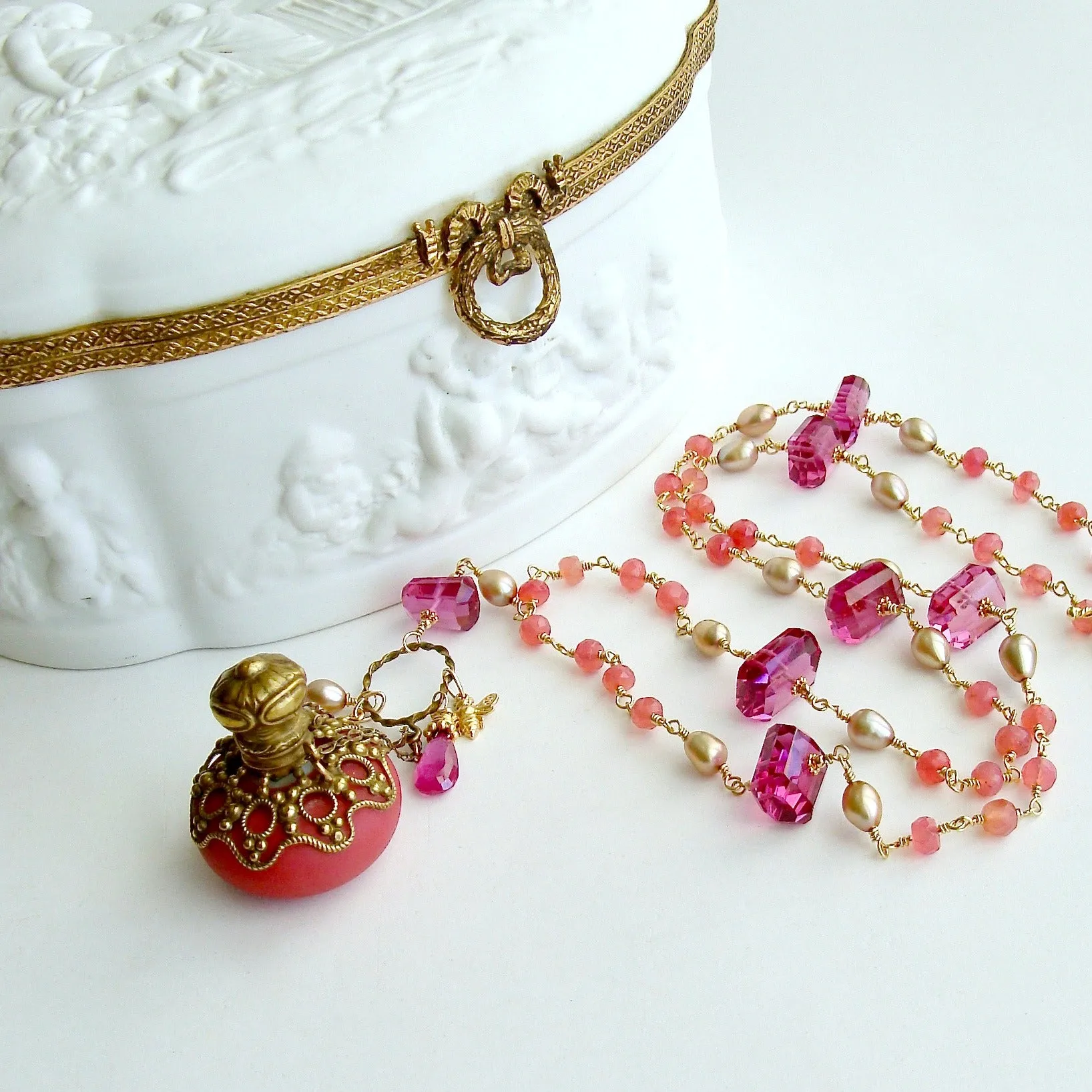 Salmon Chalcedony Pink Quartz Salmon Opaline Scent Bottle Necklace - Toinette Necklace