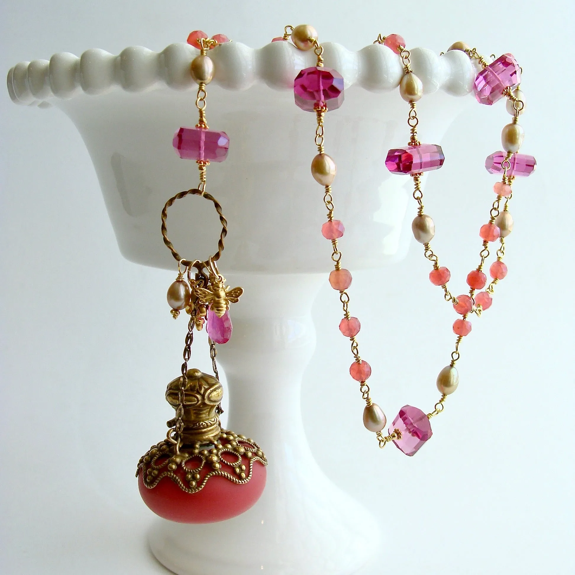 Salmon Chalcedony Pink Quartz Salmon Opaline Scent Bottle Necklace - Toinette Necklace