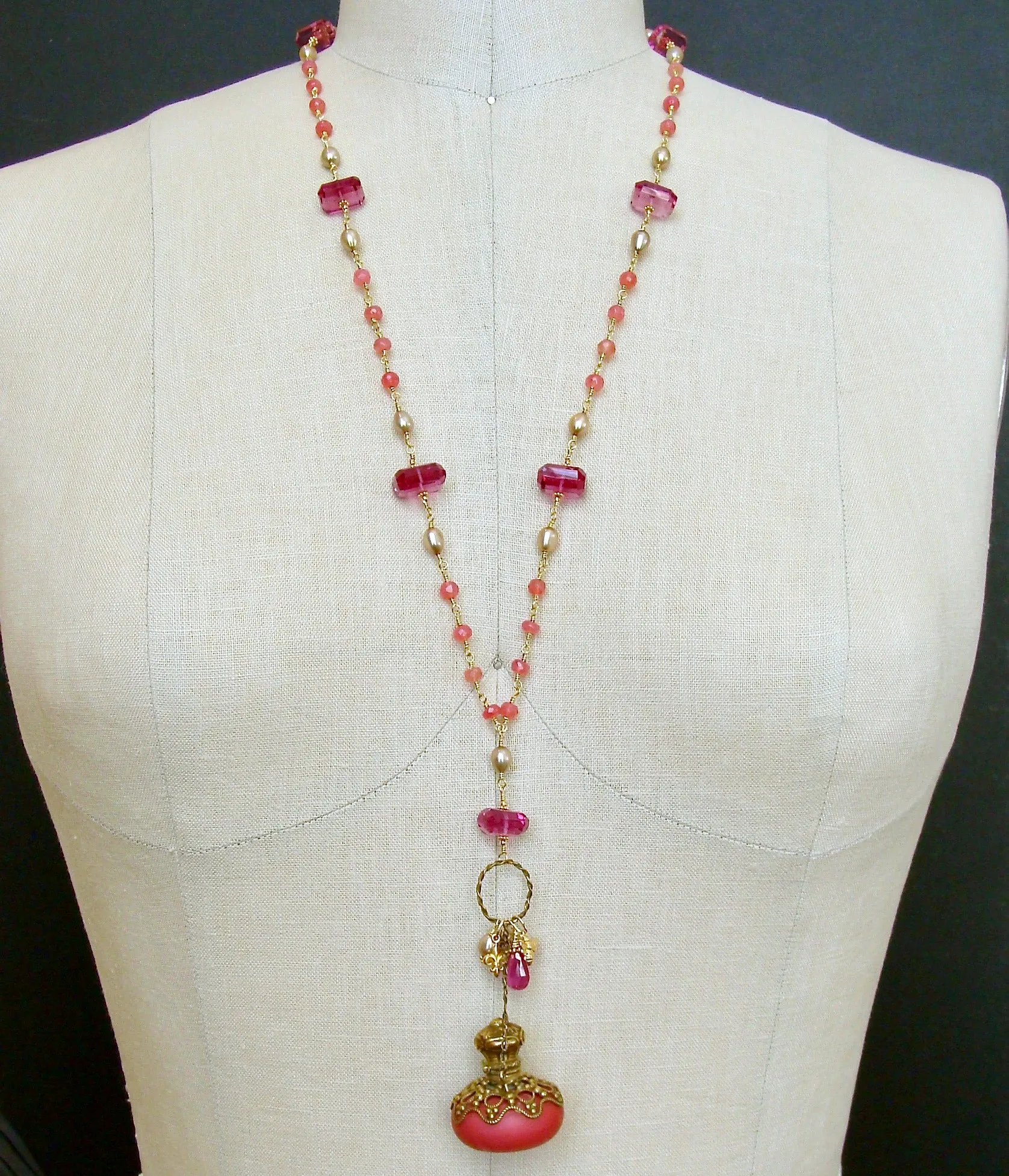 Salmon Chalcedony Pink Quartz Salmon Opaline Scent Bottle Necklace - Toinette Necklace