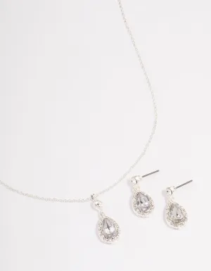 Silver Round & Pearl Halo Necklace & Drop Earrings Jewellery Set