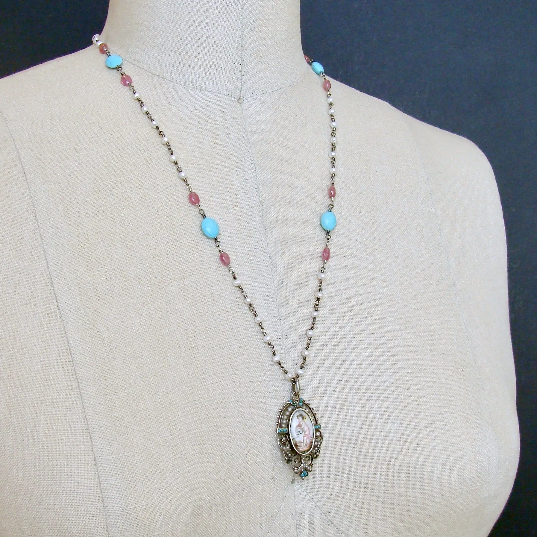 Sleeping Beauty Turquoise Pink Sapphire Pearl Rubies Georgian Porcelain Mourning Locket Necklace - Emiline Necklace