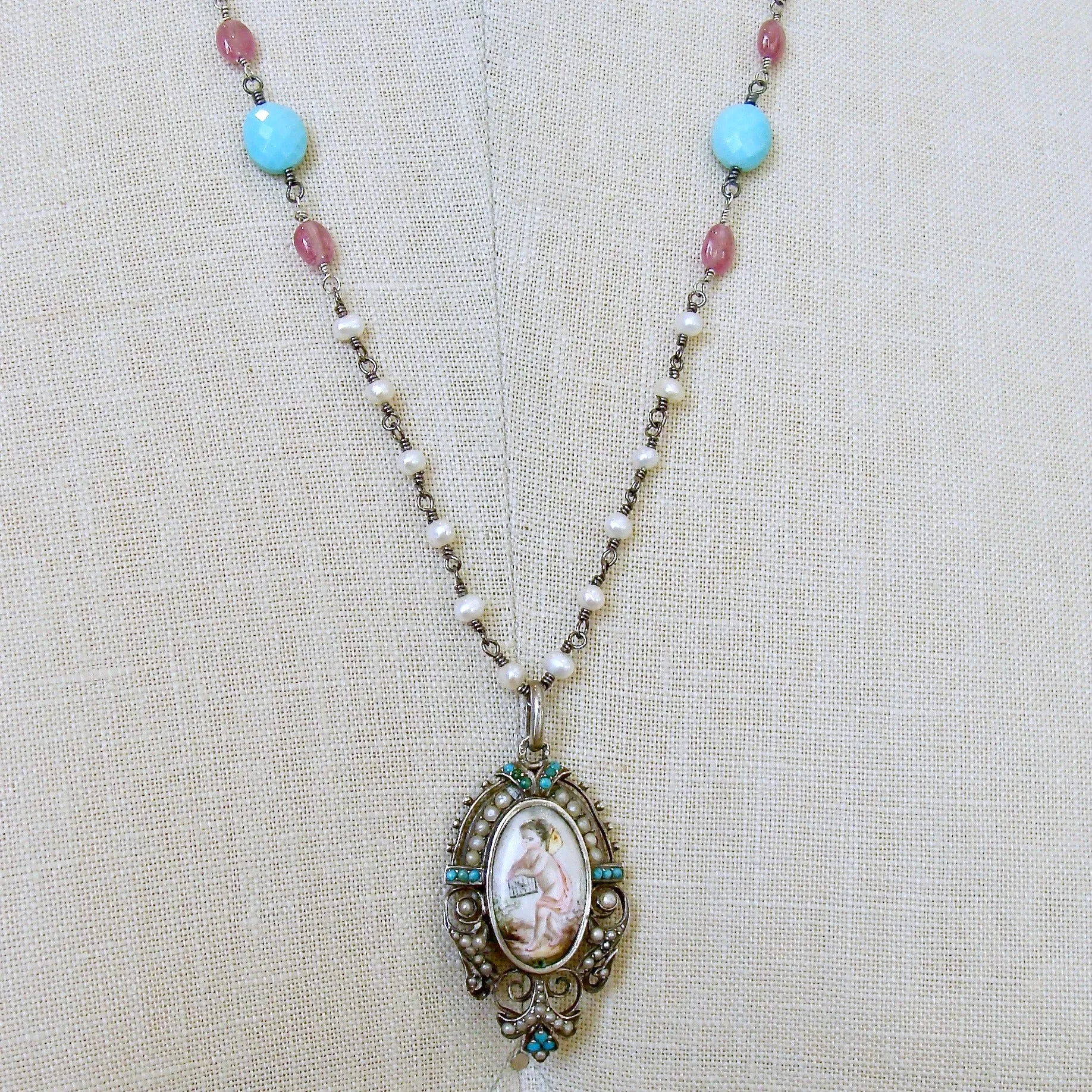 Sleeping Beauty Turquoise Pink Sapphire Pearl Rubies Georgian Porcelain Mourning Locket Necklace - Emiline Necklace