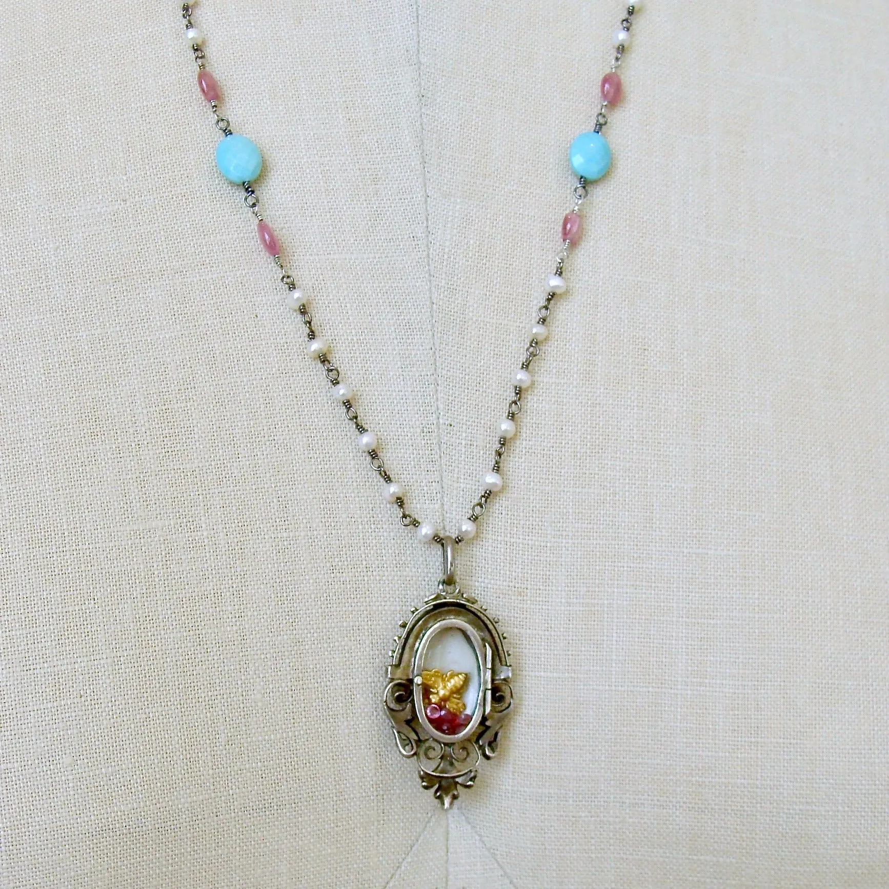 Sleeping Beauty Turquoise Pink Sapphire Pearl Rubies Georgian Porcelain Mourning Locket Necklace - Emiline Necklace