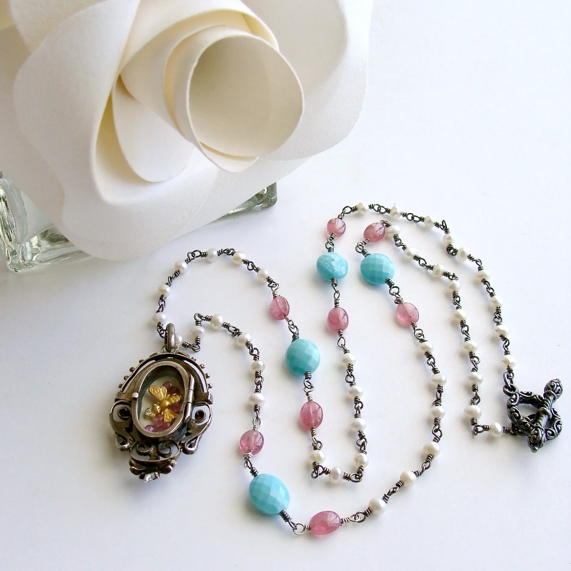 Sleeping Beauty Turquoise Pink Sapphire Pearl Rubies Georgian Porcelain Mourning Locket Necklace - Emiline Necklace