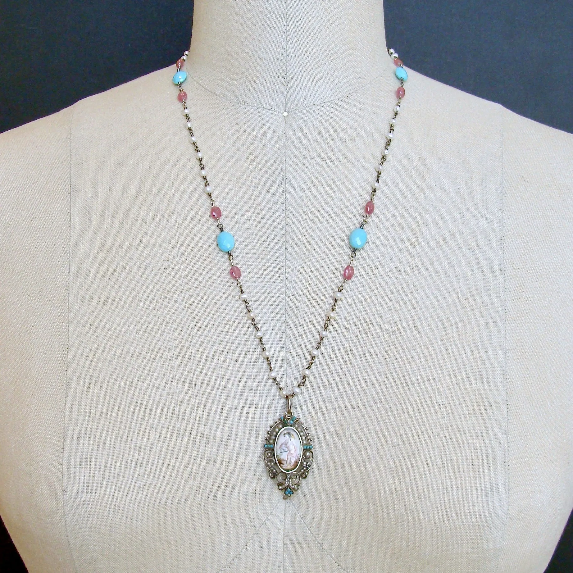 Sleeping Beauty Turquoise Pink Sapphire Pearl Rubies Georgian Porcelain Mourning Locket Necklace - Emiline Necklace