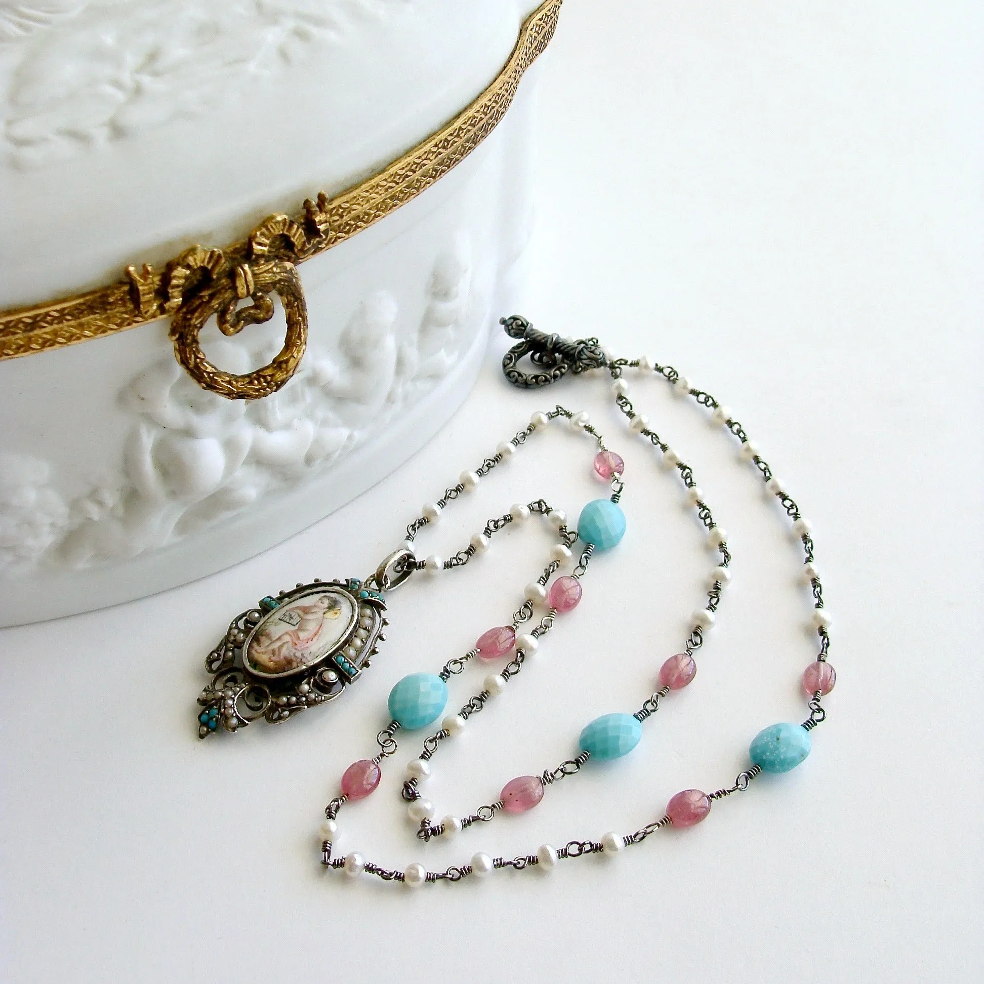 Sleeping Beauty Turquoise Pink Sapphire Pearl Rubies Georgian Porcelain Mourning Locket Necklace - Emiline Necklace