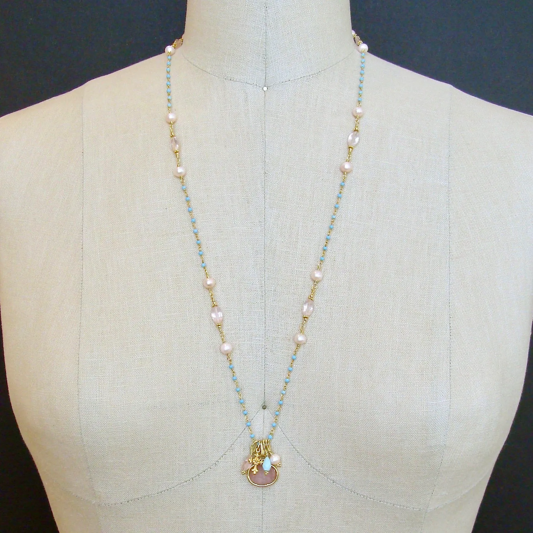 Sleeping Beauty Turquoise Rose Qaurtz Venetian Glass Intaglio Necklace - Treia Necklace