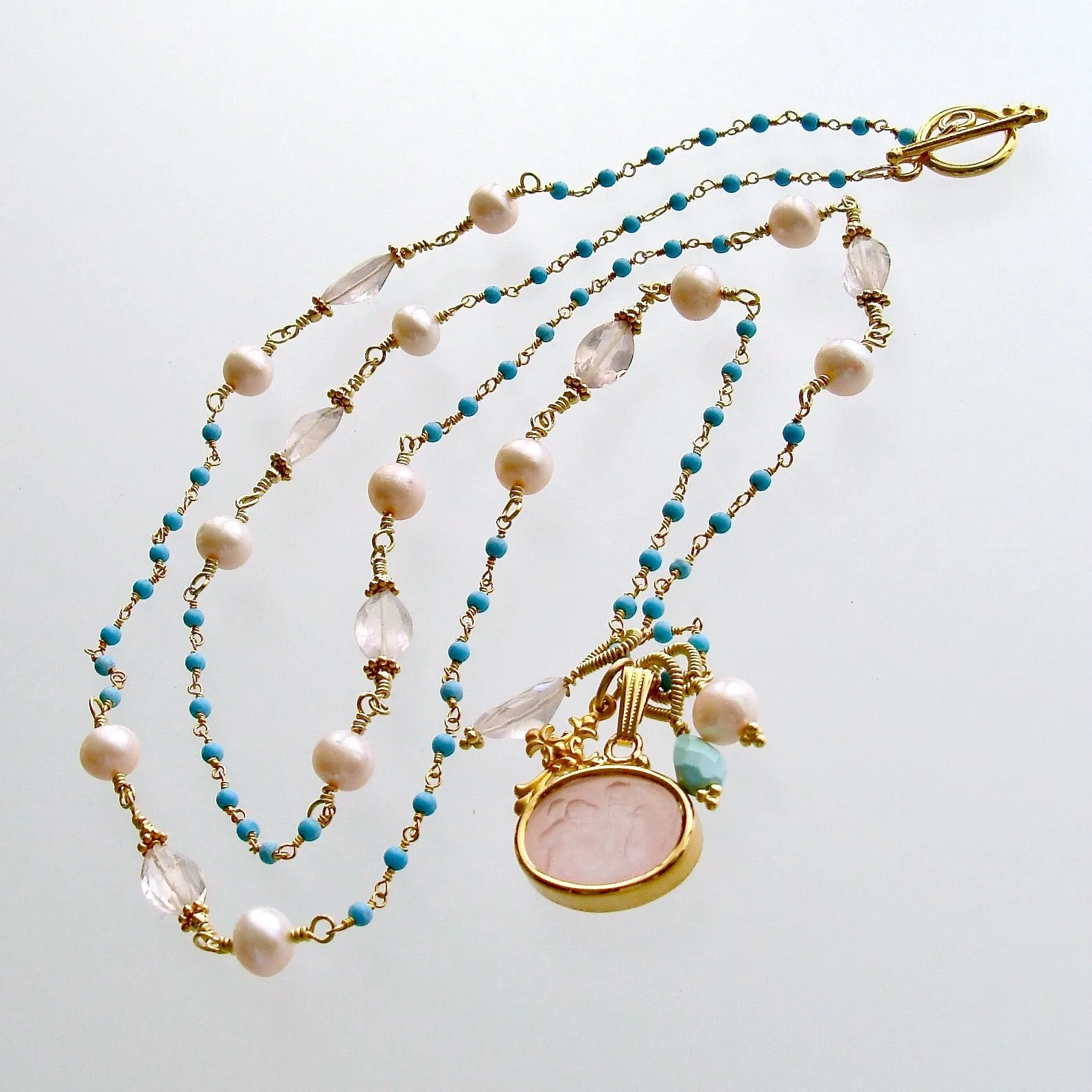 Sleeping Beauty Turquoise Rose Qaurtz Venetian Glass Intaglio Necklace - Treia Necklace