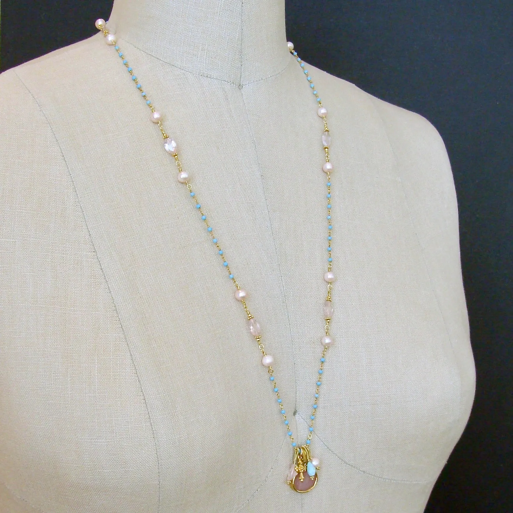 Sleeping Beauty Turquoise Rose Qaurtz Venetian Glass Intaglio Necklace - Treia Necklace