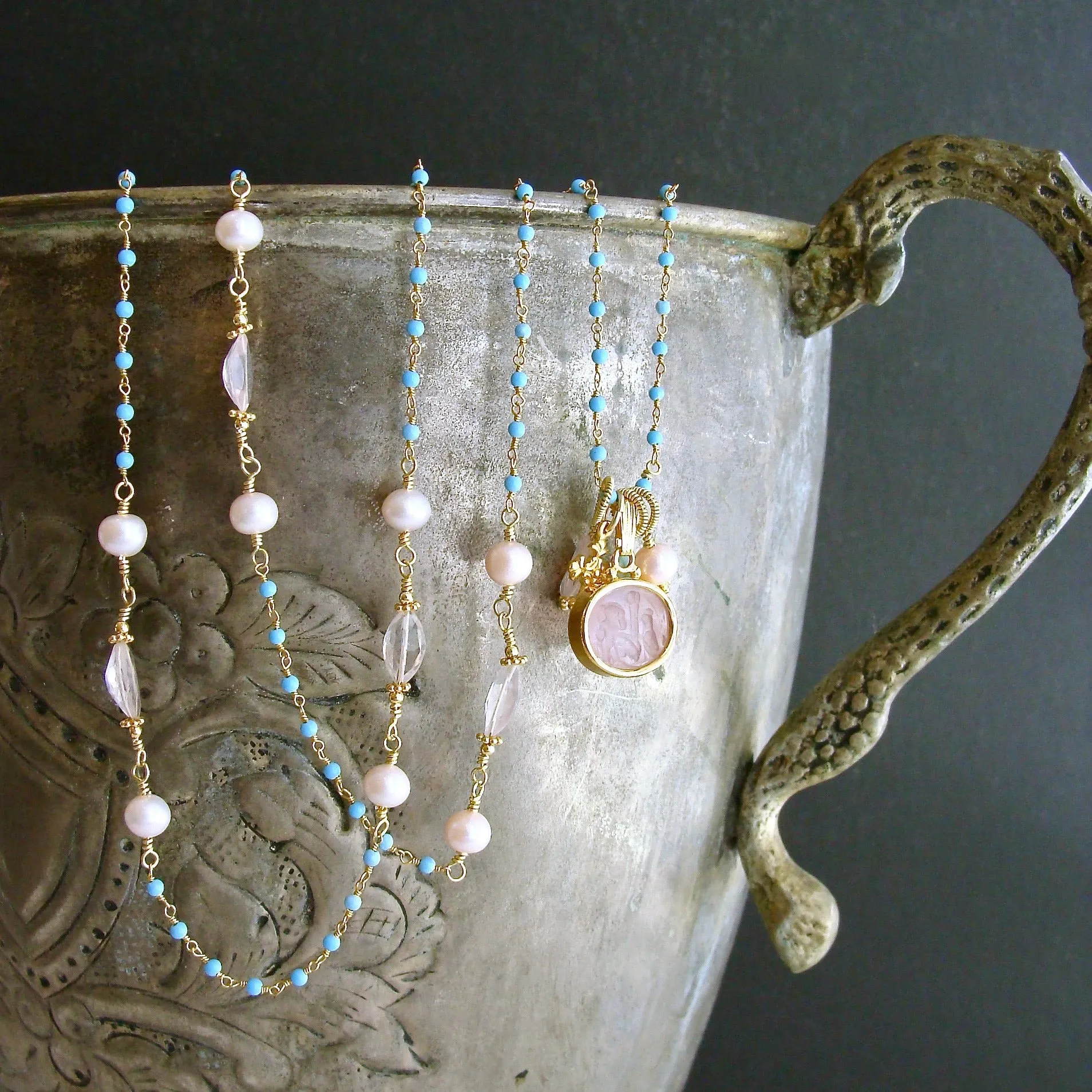 Sleeping Beauty Turquoise Rose Qaurtz Venetian Glass Intaglio Necklace - Treia Necklace