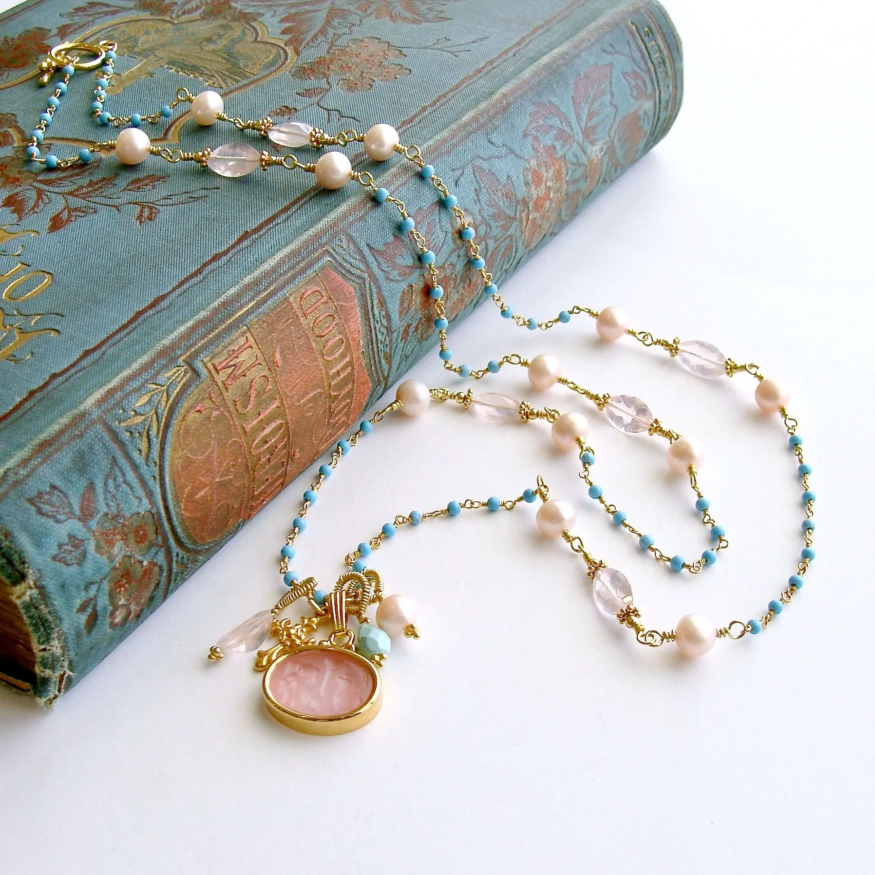Sleeping Beauty Turquoise Rose Qaurtz Venetian Glass Intaglio Necklace - Treia Necklace