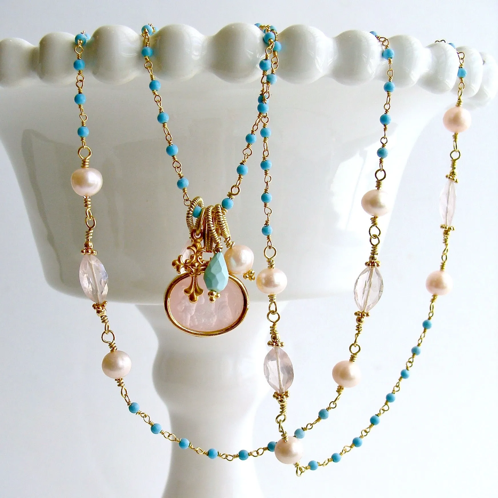 Sleeping Beauty Turquoise Rose Qaurtz Venetian Glass Intaglio Necklace - Treia Necklace