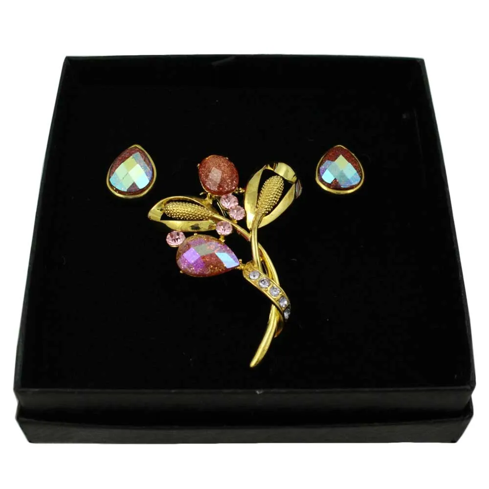 Sparkle in Pink Flower Pin with Teardrop Earring Set - PRL851BS