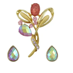 Sparkle in Pink Flower Pin with Teardrop Earring Set - PRL851BS