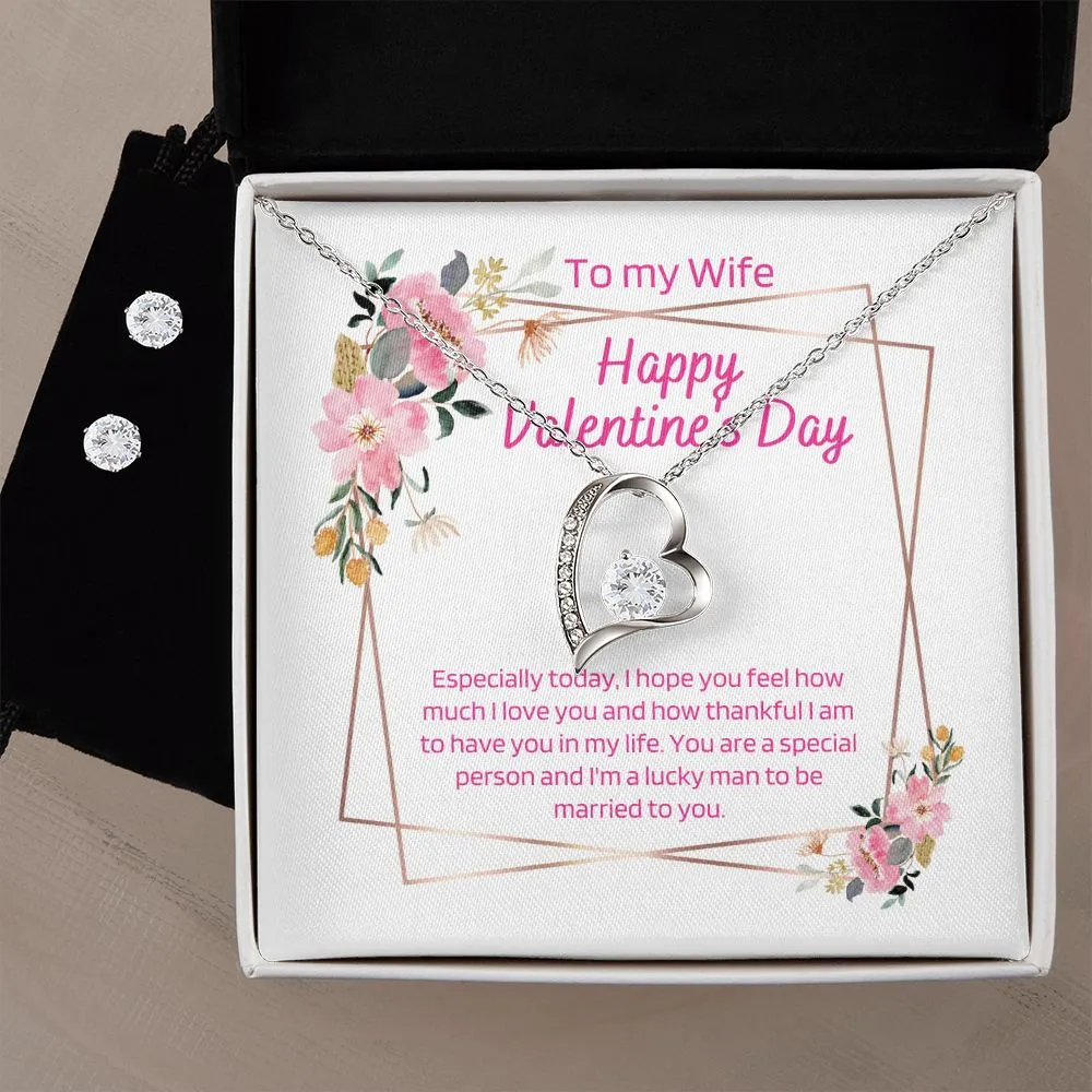 Special Wife Valentine's Forever Heart Necklace & Cubic Zirconia Earring Set