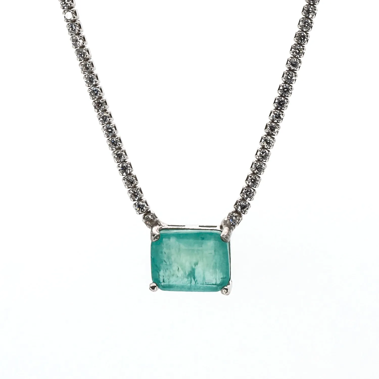 Square Paraiba Tourmaline Diamond Chain Happy Necklace