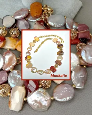 Striking Mookaite Gemstones and Keshi Pearls Necklace 24”