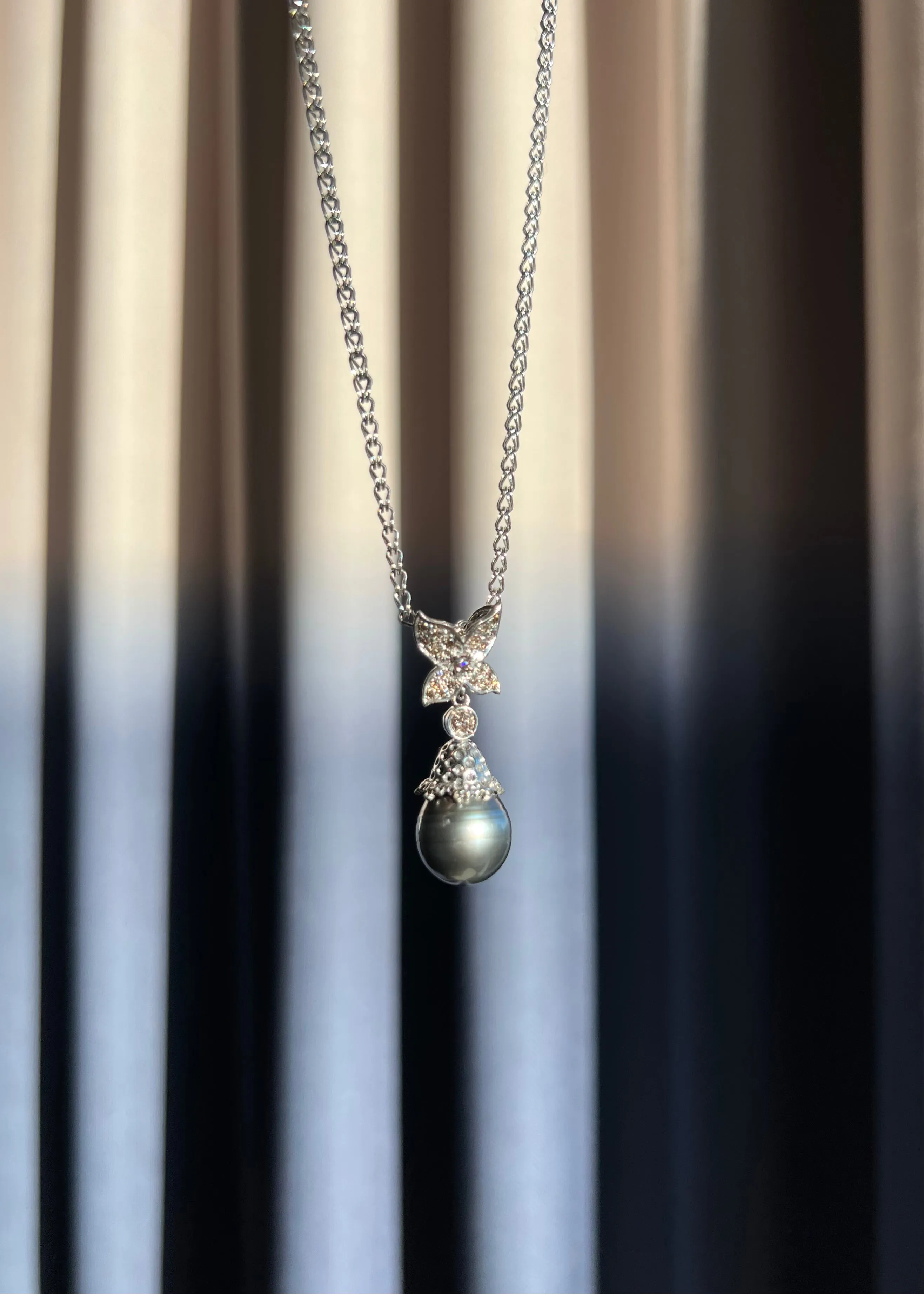 Tahitian Black Pearl & Champagne Diamond Pendant Necklace