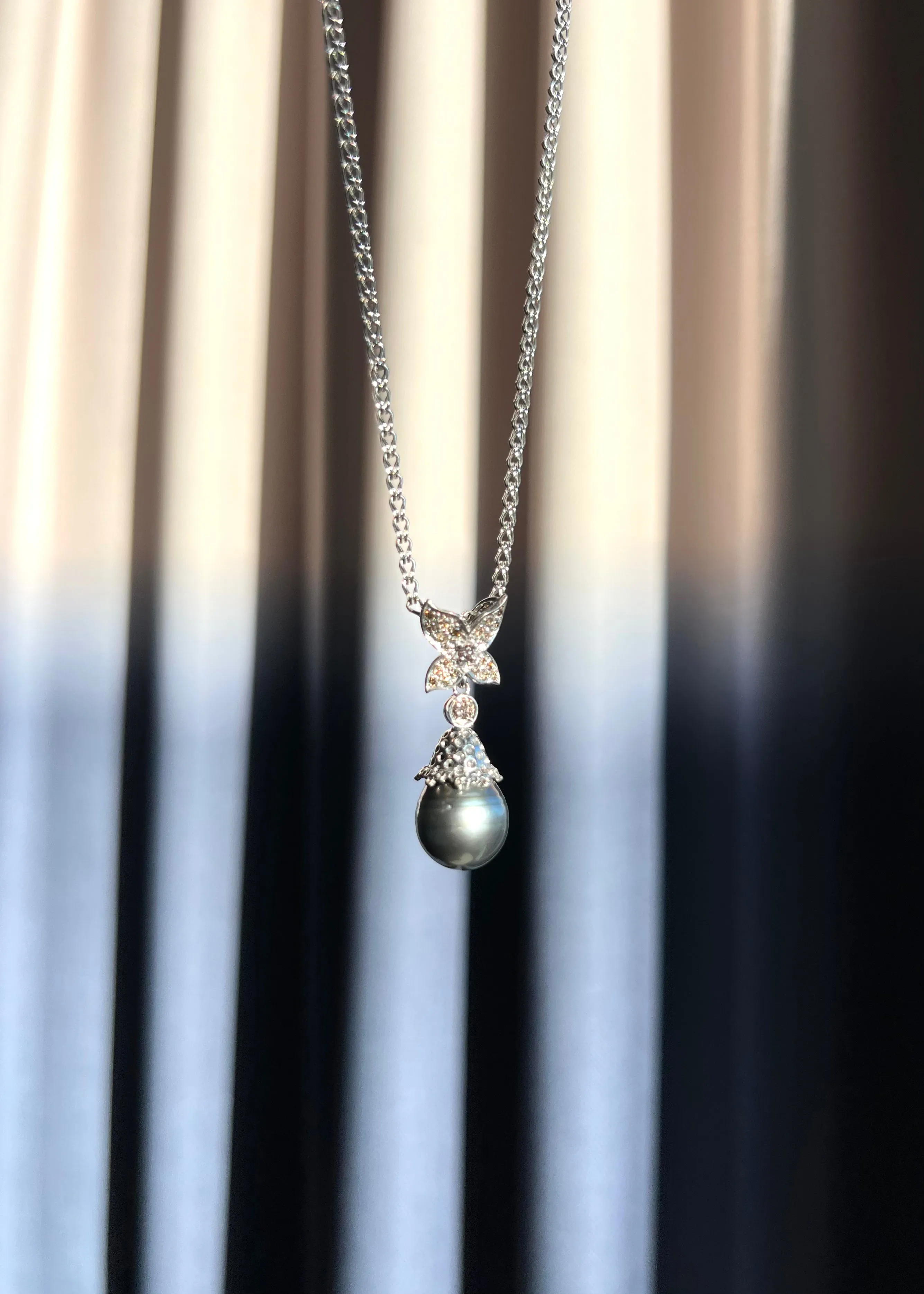 Tahitian Black Pearl & Champagne Diamond Pendant Necklace