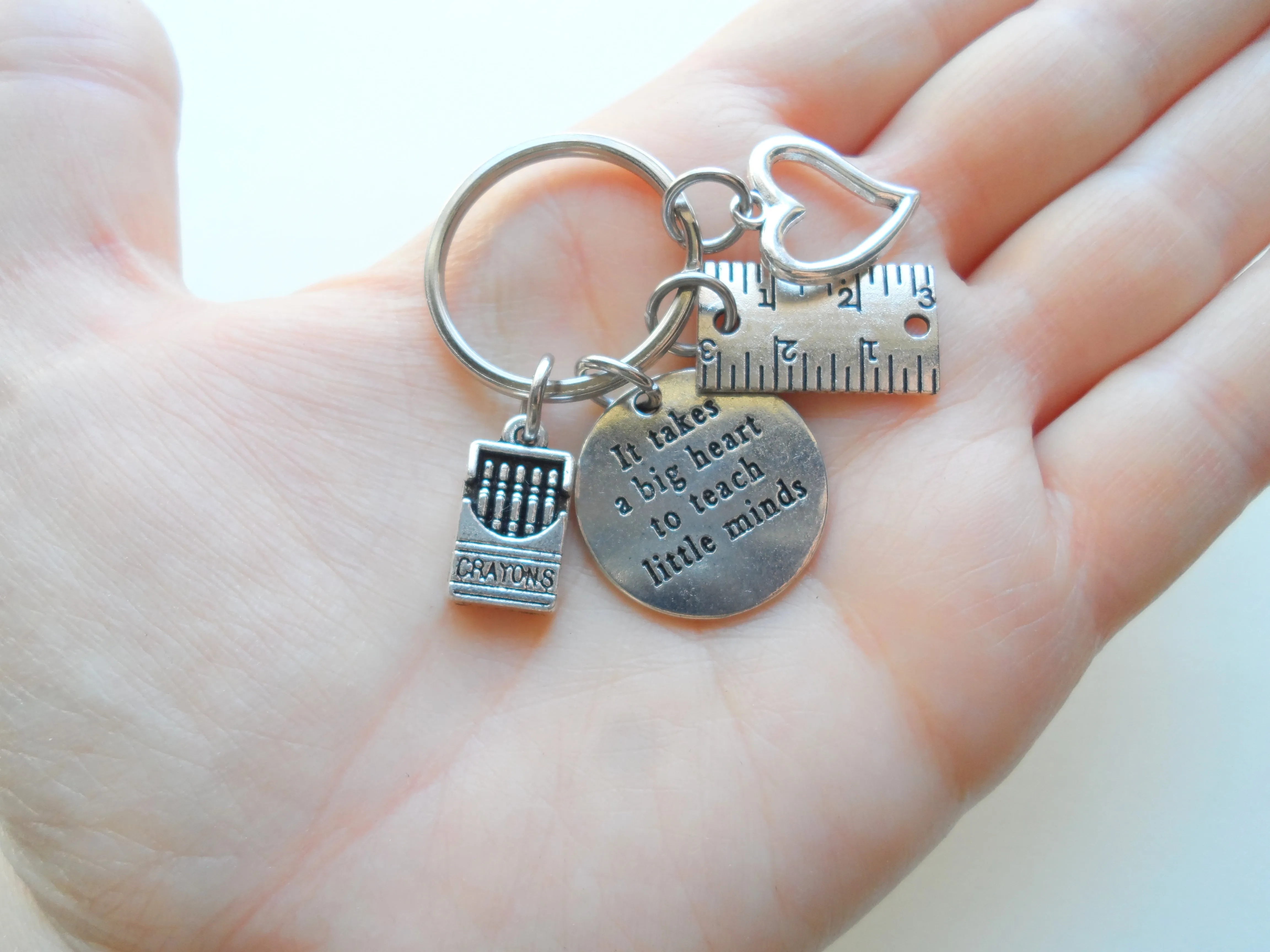 Teacher Appreciation Gifts • It Takes a Big Heart to Teach Little Minds Charm Keychain with Heart, Ruler, Crayons Charm by JewelryEveryday