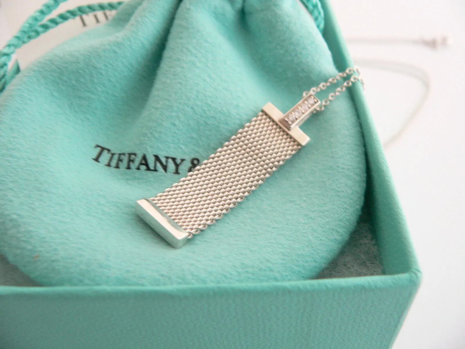 Tiffany & Co Silver Diamond Mesh Dangling Dangle Necklace Pendant Gift Love Rare