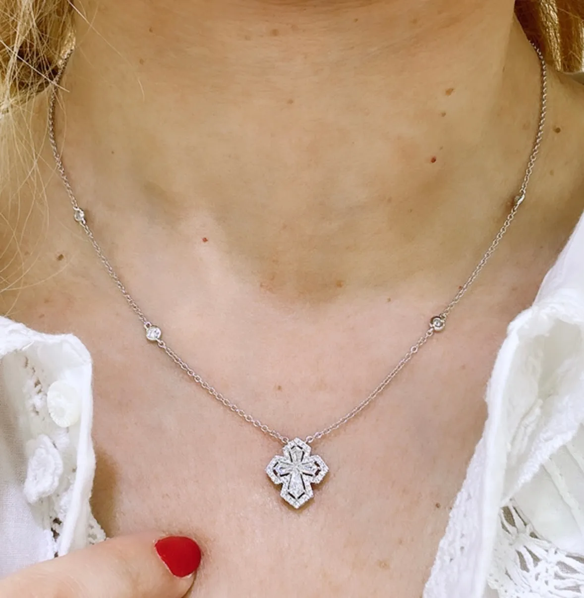 Trapezoid Diamond Cross with Halo 0.71ct tw Pendant Necklace