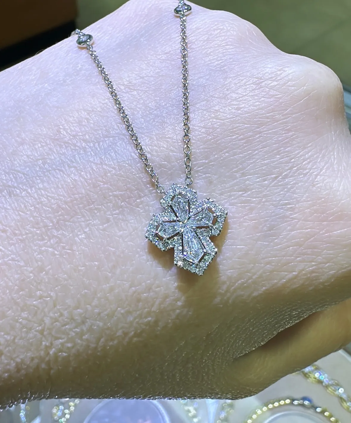 Trapezoid Diamond Cross with Halo 0.71ct tw Pendant Necklace