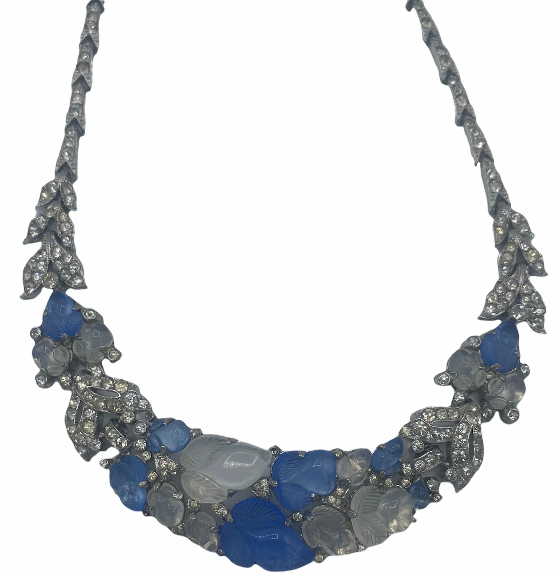 Trifari 1930's Rhodium-Plated Tutti-Frutti Alfred Philippe Necklace with Blue and White Faux Stones