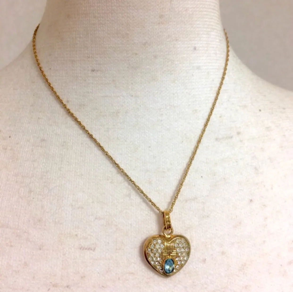 Vintage LANVIN golden skinny chain necklace with heart logo charm pendant top with clear crystals and blue crystal. 05063010