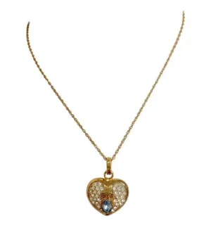 Vintage LANVIN golden skinny chain necklace with heart logo charm pendant top with clear crystals and blue crystal. 05063010