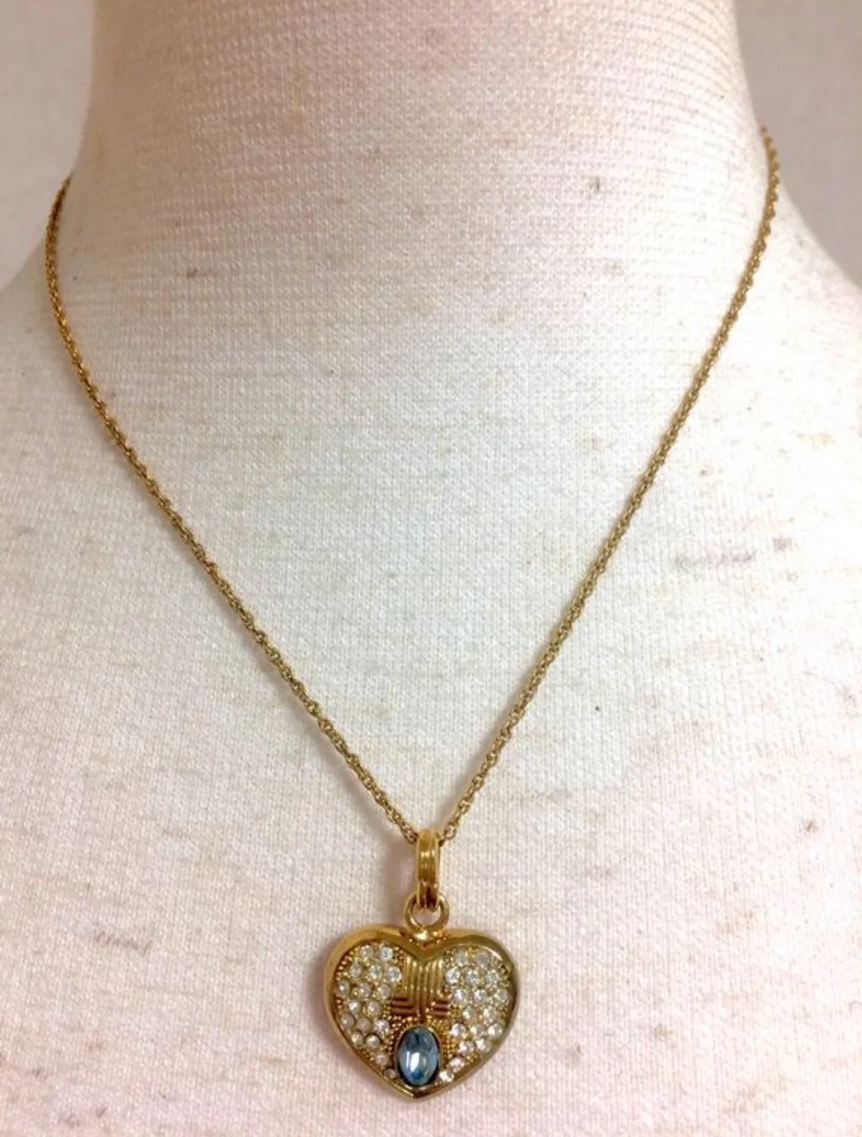 Vintage LANVIN golden skinny chain necklace with heart logo charm pendant top with clear crystals and blue crystal. 05063010