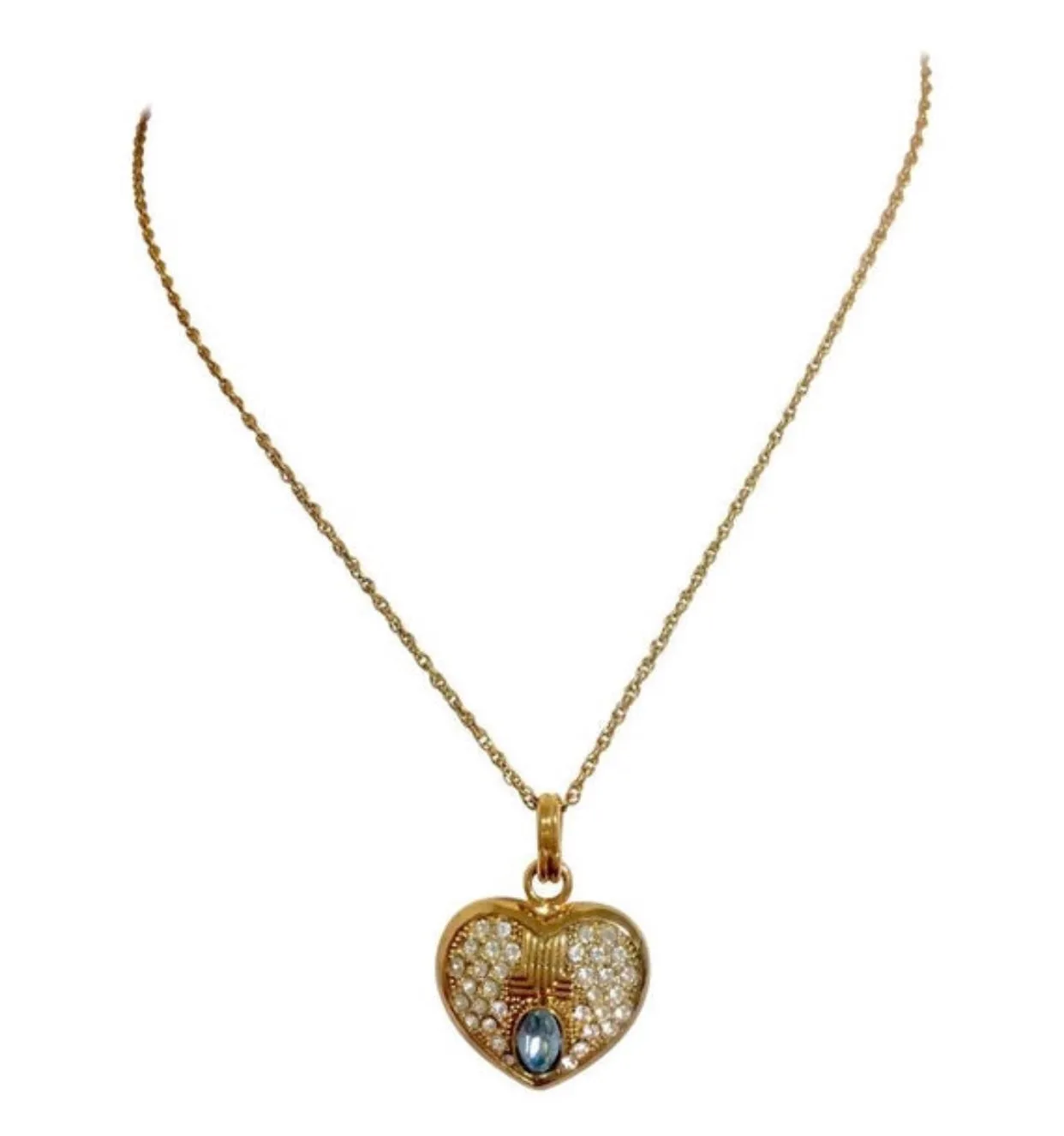 Vintage LANVIN golden skinny chain necklace with heart logo charm pendant top with clear crystals and blue crystal. 05063010
