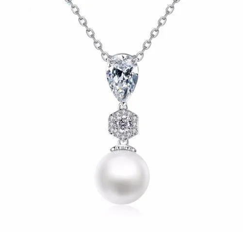 Virginia Silver White Pearl & Cubic Zirconia Pendant Necklace 16-18"