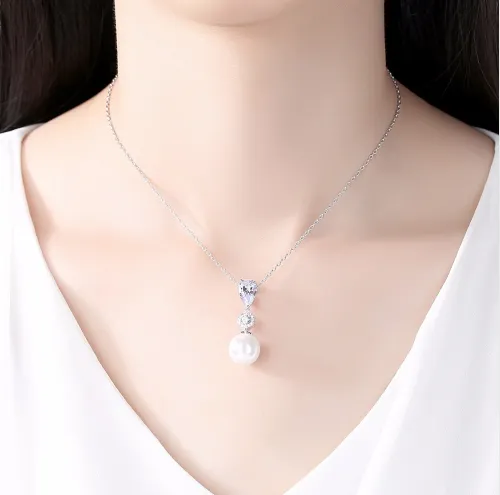 Virginia Silver White Pearl & Cubic Zirconia Pendant Necklace 16-18"