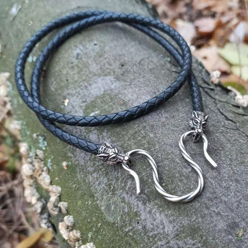 Wolfs Geri and Freki leather necklace with Silver plated clasps