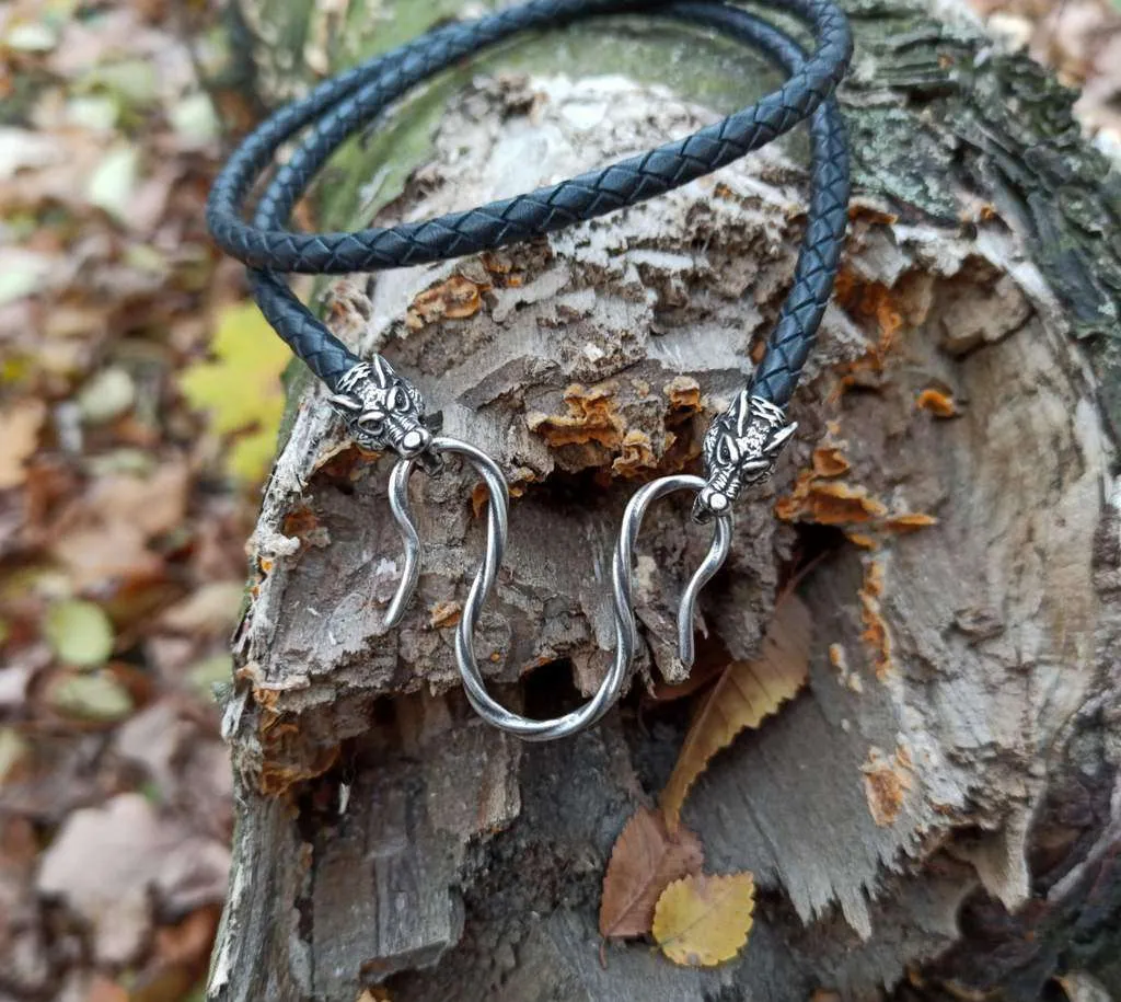 Wolfs Geri and Freki leather necklace with Silver plated clasps