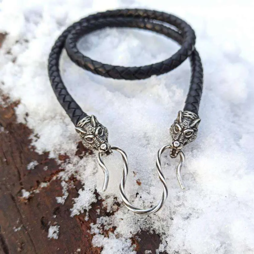 Wolfs Geri and Freki leather necklace with Silver plated clasps