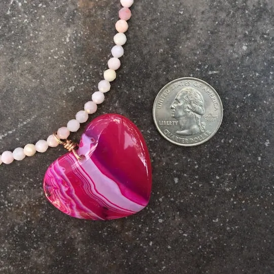 Women’s Pink Agate Heart Pendant & Pink Opal Gemstone Necklace