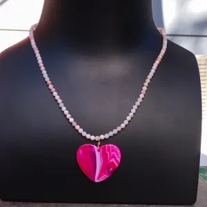 Women’s Pink Agate Heart Pendant & Pink Opal Gemstone Necklace